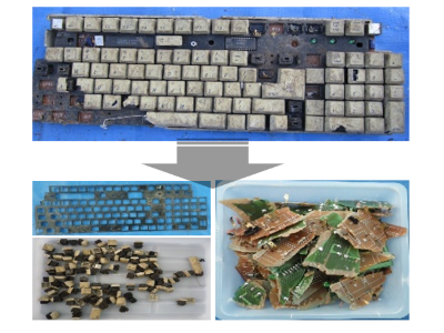 廃棄されたキーボードが解体され、分別される様子